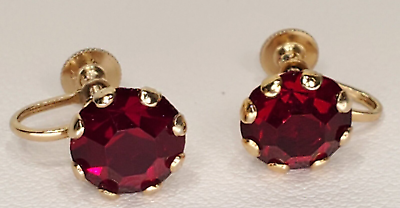 #ad Vintage Coro Gold Tone Ruby Red Rhinestone Stud Style Screw Back Clip Earrings $15.00