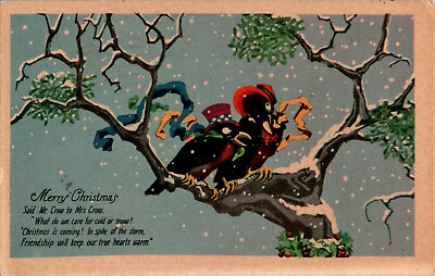 #ad Merry Christmas Anthromorphic Crows Tree Snow 1931 Postcard $6.99