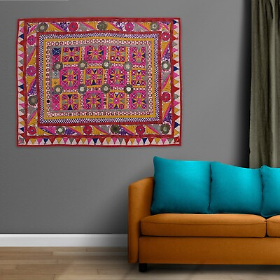 Vintage colorful embroidery wall hangings 70 80 years old textile 2.9 x 3.7 FT $64.16