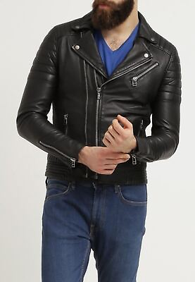 #ad New Leather Jacket Mens Biker Motorcycle Real Leather Coat Slim Fit Black #1155 $118.00