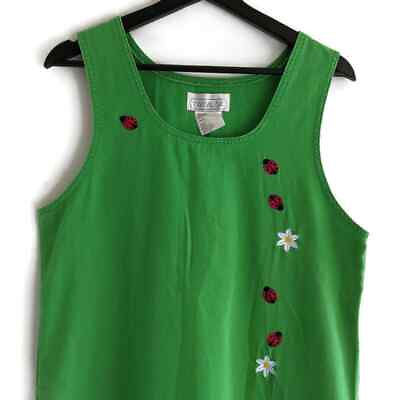 #ad Vintage Green Pinafore Jumper Dress S Ladybugs Flowers Embroidered Teacher $29.99