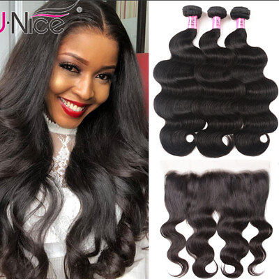 #ad UNice Brazilian Body Wave Bundles Human Hair Extension With Lace Frontal Closure $223.74