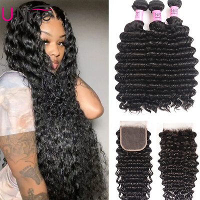 #ad Peruvian Deep Curly Wave Human Hair Extensions 3 Bundles With Lace Closure Weave $234.18