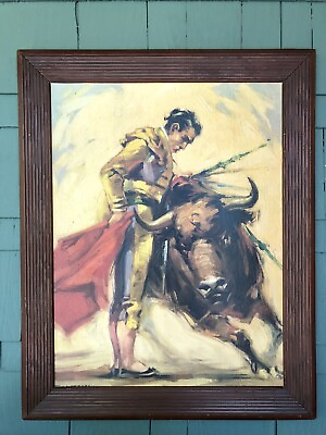 #ad Large Vtg Bullfighting Painting Print in Fluted Wood Frame 29quot; x 23quot; Mid Century $55.00