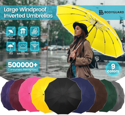 Inverted Compact Umbrella Large Windproof Umbrellas Reflective Stripe YELLOW $49.99