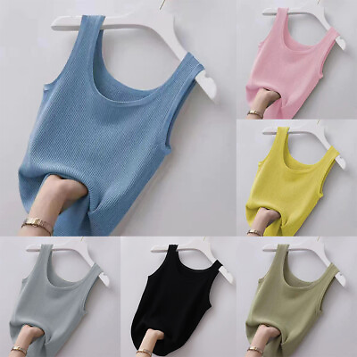 #ad Womens Tank Tops V Neck Basic Solid Color Casual Summer Sleeveless Vest Shirt $5.61