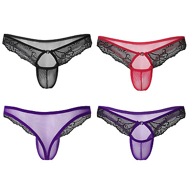 #ad Mens Lace Sissy Hole Panties Bikini Briefs Sheer Thongs Crossdresser Underwear $7.90