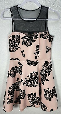 #ad Trixxi Pink Black Floral Velvet Roses Mesh Flare Party Cocktail Dance Dress Sz M $16.30