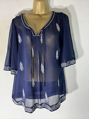 #ad Womens John Rocha Size Uk 12 Navy Blue 3 4 Sleeve Sheer Embroidered Blouse Shirt GBP 9.99