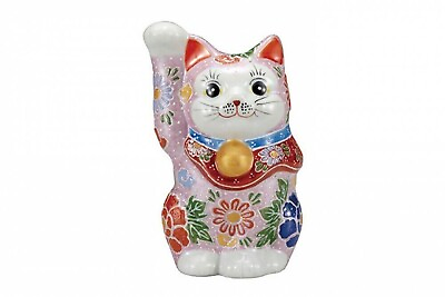 #ad Maneki neko Kutani yaki ware Japanese lucky cat Pink Mori Art Handpaint 14.5cm $185.00