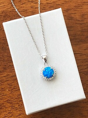 #ad 925 Sterling Silver Blue Opal Halo Pendant Necklace Round 10mm 0.39quot; Simulated $28.95