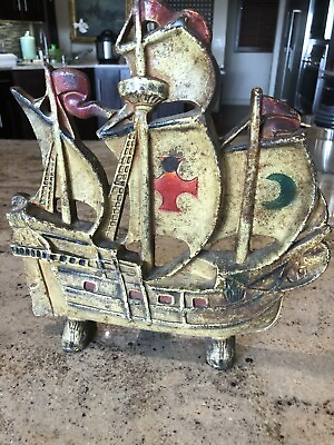 Antique Vintage Painted Cast Iron Columbus Sailing Ship Doorstop or Andiron 11” $69.95