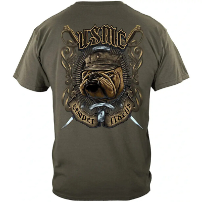 #ad USMC #x27;Semper Fidelis#x27; Bulldog T shirt Marine Corps OD Green Dog Shirt $27.99