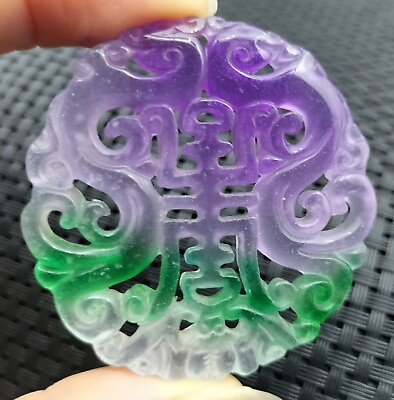 #ad Chinese Icy Green Lavender Natural Jade Carved Longevity Bat Dragon Pendant $37.00