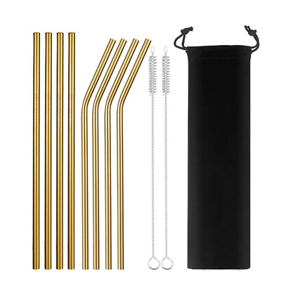 #ad 10pc Reusable Metal Drinking Straw Stainless Steel Smoothies Straw with Bag Gold $15.38