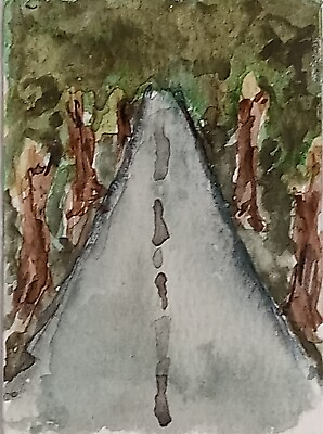 #ad ACEO Original Abstract Naive Art Watercolor Painting Forest Landscape Road Trees $6.99