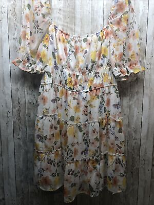 #ad Trixxi Dress Size Large Floral Puff Sleeve Off Shoulder Flaw Ruffle Tiered $8.20