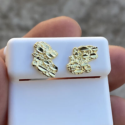 #ad 14k Gold Plated Nugget Earrings 925 Sterling Silver Cut Screw Back 14MM $21.95