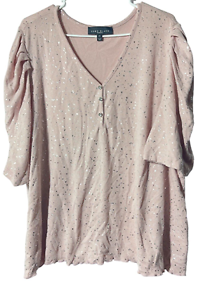 #ad Como Black Womens short puffy sleeve pink silver faux button blouse size 2X $16.79