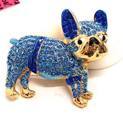 #ad Hot Navy Blue Shiny Bulldog Dog Animal Crystal Fashion Womens Charm Brooch Pin $3.95