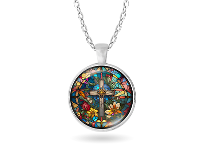 #ad Floral Cross Stained Glass Faith Silver Glass Pendant Necklace Standard or Large $7.99
