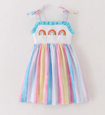 NEW Boutique Rainbow Girls Smocked Embroidered Striped Dress $16.99