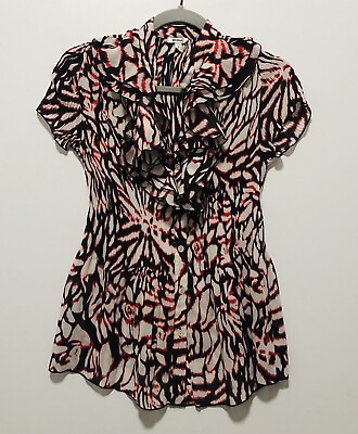 Nicola Blouse Women’s Small White Black Pink Floral Buttoned Sheer Ruffled Neck $10.95