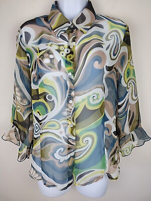 Nicola Top Womens Medium Green Sheer Abstract Button Up Shirt Artwear Peasant $12.59