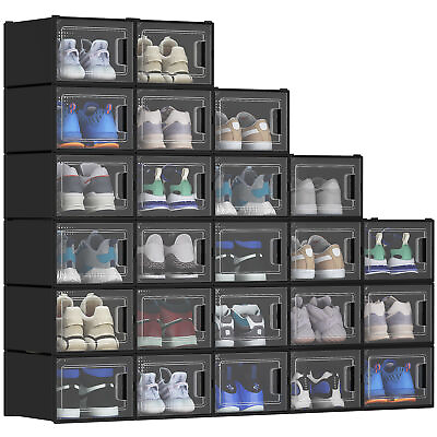 #ad TAUS 12 18 20 24 PCS Shoe Storage Box Clear Stackable Shoe Container XL Black $52.99