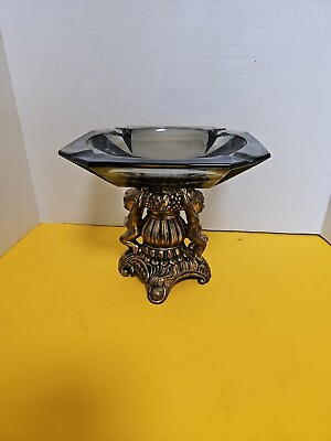 #ad Victorian Candy Dish. Beautifully Cut Thick Smokey Glass Sits Upon A Gold... $85.00