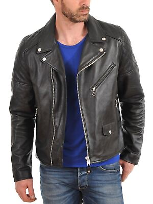 #ad New Leather Jacket Mens Biker Motorcycle Real Leather Coat Slim Fit Black #1049 $118.00