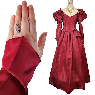 #ad Vtg 80s Prom Dress sz S Maroon Red Renaissance Gown Ruffle Shoulder Long Sleeve $129.99