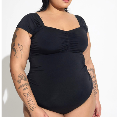 #ad New Torrid 1 1X 14 16 Black Ruched One Piece Wireless Cap Sleeve Swimsuit $64.50