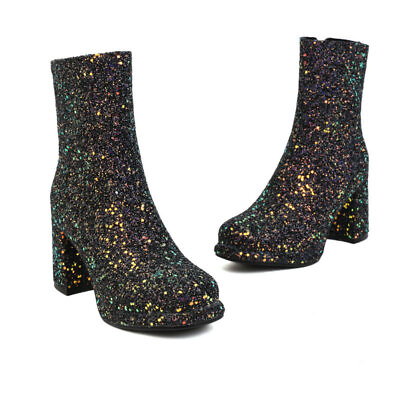 #ad Women#x27;s Short Boots Sequins Ankle Boots Middle Boots Round Toe High Heel Shoes $50.21