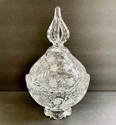 #ad VTG Footed Cut Glass Ornate Frosted Flowers Candy Dish Clear Crystal With Lid $25.00